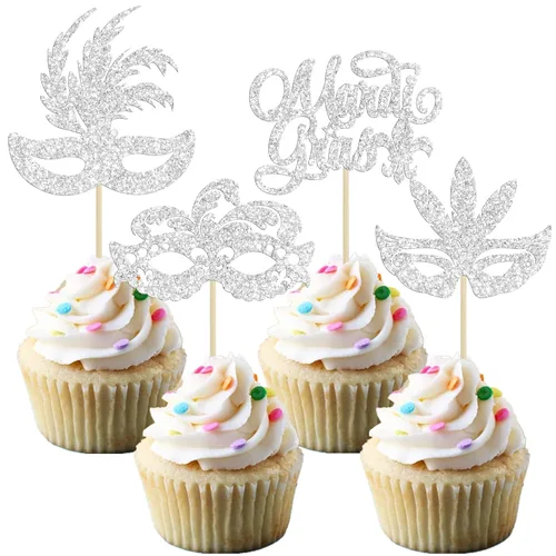 Miniatura 11 de Gyufise 24 máscaras de mascarada para cupcakes con purpurina para despedida de soltera, para cupcakes, comida y frutas, baile de máscaras, Mardi