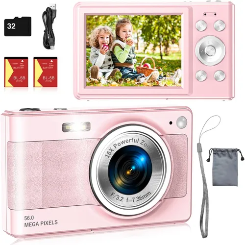 Cámara digital actualizada, cámara FHD 1080P de 56 MP para niños con zoom de 16 x antivibraciones, cámara para niños con tarjeta TF de 32 GB, dos