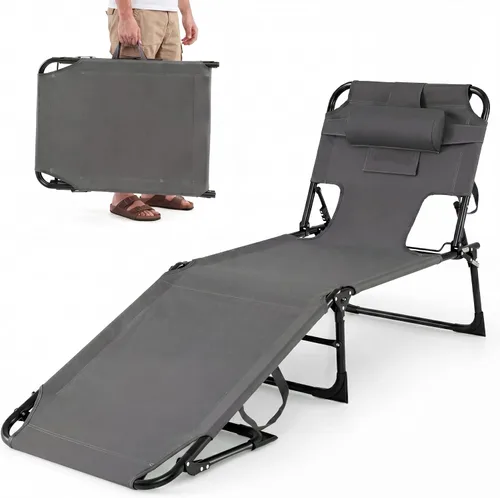 Miniatura 13 de Goplus Silla bronceadora, silla de playa plegable con agujero para cara y brazo, posición ajustable, almohada extraíble, bolsillo lateral, silla