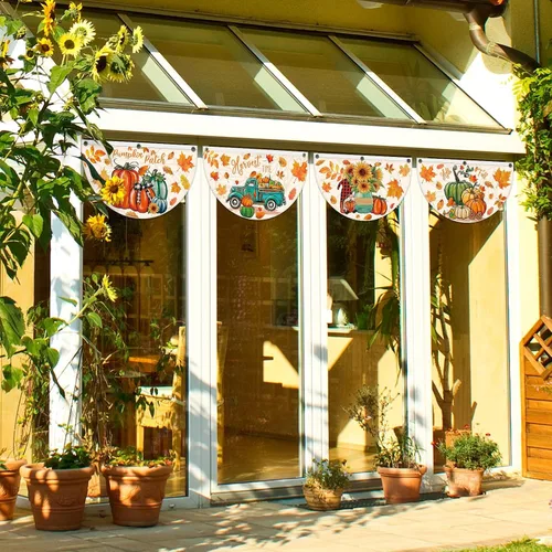 Miniatura 4 de Cumule Paquete de 4 banderas de ventilador de Hello Fall con parche de calabaza, banderines de bienvenida, otoño, cosecha, medio abanico, bandera
