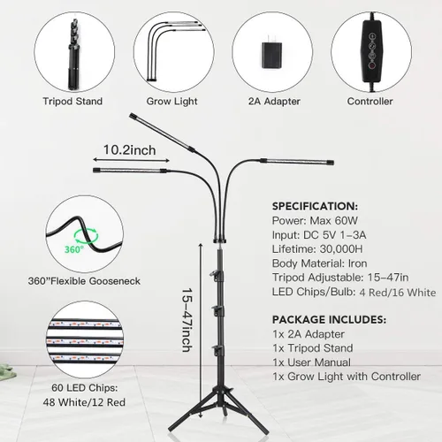 Miniatura 6 de GHodec Luz de Crecimiento con Soporte, 60 LED 5500K Luz de Planta de Piso de Espectro Completo para Plantas de Interior en Crecimiento, 5 Niveles