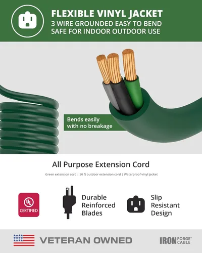 Miniatura 6 de Iron Forge Cables Extensión de cable para exteriores – 16/3 de alta resistencia color verde, Verde, IFC-163G50