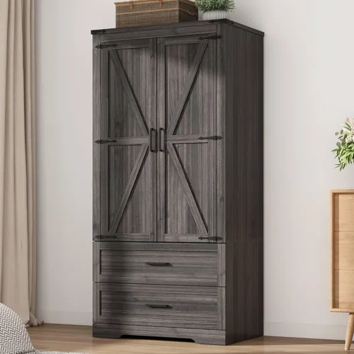 Miniatura 12 de Hlivelood Armario de 3 puertas con puertas y cajones, armario de madera de granja con estantes y barra para colgar para dormitorio, color marrón
