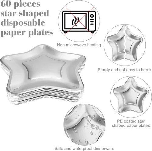 Miniatura 2 de Zuazaor 60 platos de papel en forma de estrella de 9 pulgadas, platos desechables para fiestas, pentagrama, para graduación, Día de la plateado