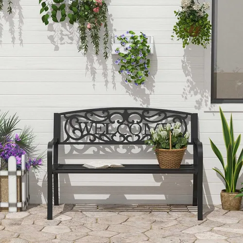 Miniatura 2 de Outsunny Banco de bienvenida de metal para exteriores de 50 pulgadas, banco de jardín con asiento de listones, banco de patio para parque, porche