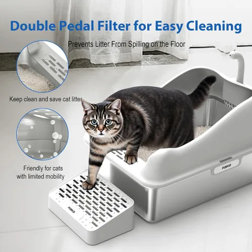 Miniatura 4 de Furkid Caja de arena para gatos de acero inoxidable con tapa, caja de arena extra grande XL para gatos grandes, bandeja de metal de alta cara