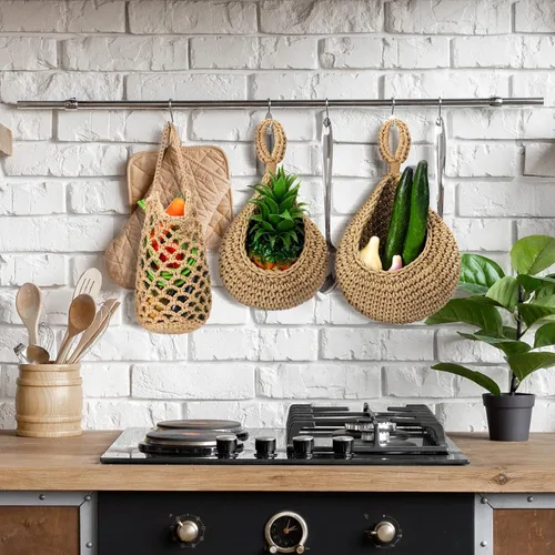 Miniatura 3 de 9 cestas colgantes de yute para cocina, cestas de pared tejidas estilo bohemio, almacenamiento de productos para ajo, cebolla, papa, plátano, ahorro
