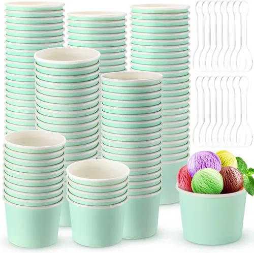 Miniatura 8 de Cunhill 100 tazas de helado de 8 onzas con 100 cucharas, recipientes de helado de color sólido, tazas de helado desechables, tazones de yogur