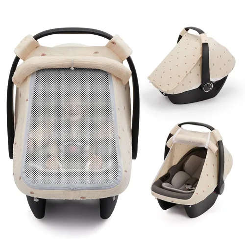 Miniatura 10 de Blissful Diary Cubierta de asiento de coche para bebé, ventana de malla extra grande, muselina de algodón transpirable, toldo infantil a prueba