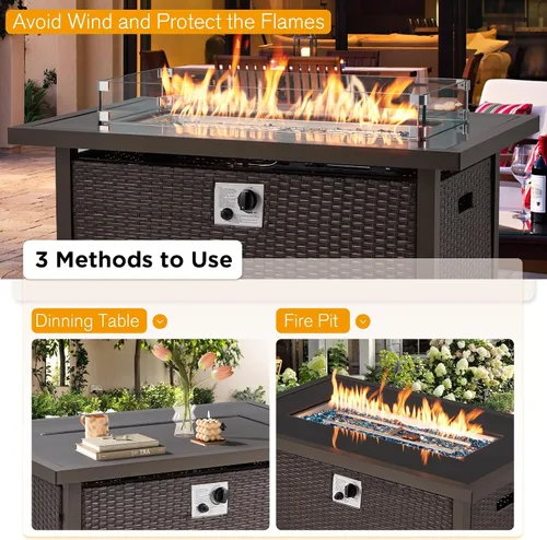 Miniatura 2 de HOMREST Mesa de fuego de gas propano para exteriores de 44 pulgadas, fogata de gas de encendido automático de 50,000 BTU con protector de viento