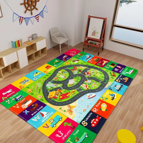 Miniatura 9 de Alfombra de juego para niños, alfombra de tráfico para carretera, 118 x 78.7 pulgadas, para sala de juegos, transporte ABC, alfombra educativa