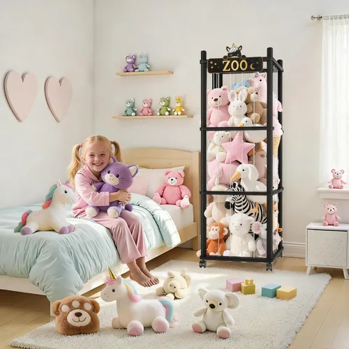 Miniatura 4 de Torre del zoológico de almacenamiento de animales de peluche, organizador grande de madera de 56 pulgadas con ruedas, almacenamiento de peluches
