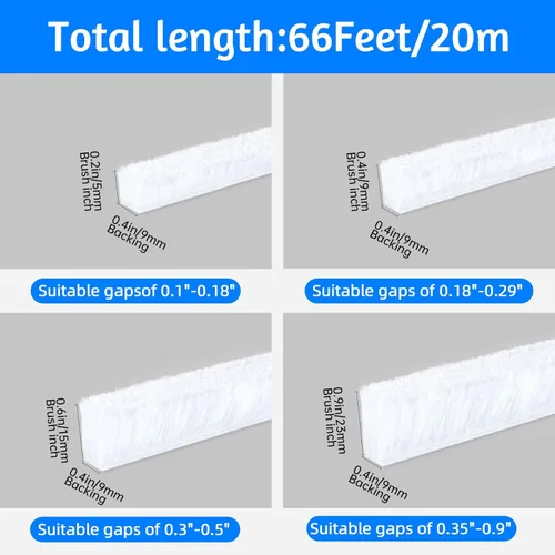 Miniatura 2 de Burletes adhesivos fuertes de 66 pies con cepillo para ventanas corredizas y marcos de puertas - Tira selladora para insonorización, Blanco