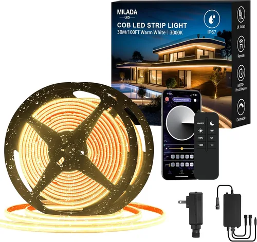 Miniatura 11 de Tira de luces LED COB de 20 pies para exteriores IP67 impermeable, 6M, CC flexible 24V, control remoto y aplicación, regulable, blanco cálido 3000