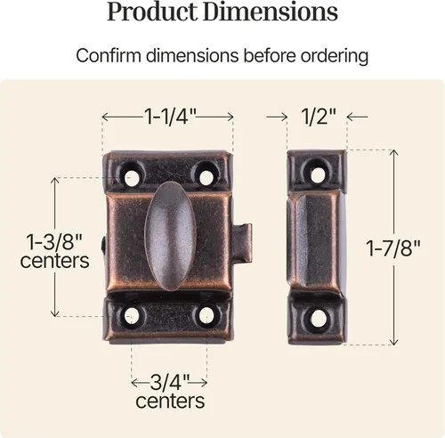 Miniatura 3 de Pestillo de puerta de gabinete de latón antiguo estampado pequeño - 1 7/8" × 1 7/8" - Pestillo de puerta de armario con resorte cargado con giro