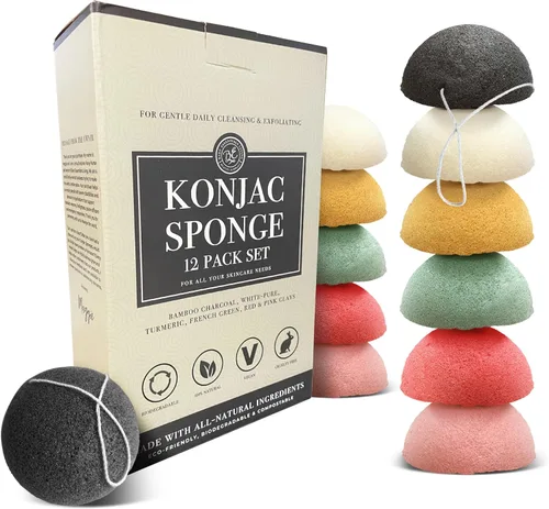 Bare Essentials Living - Juego de esponjas Konjac (paquete de 12) con esponja facial de carbón de bambú activado, natural, ideal para tratamientos