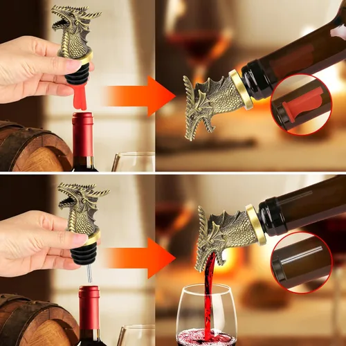 Miniatura 4 de Cabeza de Dragón Vertedor y Tapón de Botella de Vino 2 en 1, Regalos de Dragón para Hombres y Mujeres Fanáticos de los Dragones, Vertedores