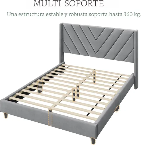 Miniatura 9 de Yaheetech Base de cama tamaño Queen con plataforma tapizada con lados en forma de ala/soporte de listones de madera/cabecera copetuda con lados