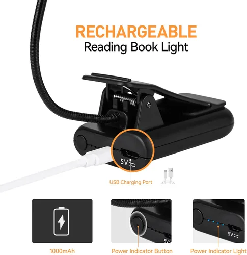 Miniatura 4 de VAVOFO Luz de lectura recargable ámbar, luz de libro con bloqueo de luz azul, 7 LED para el cuidado de los ojos, 9 colores, 9 brillos con clip