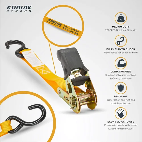 Miniatura 4 de KODIAK STRAPS Juego de correas de trinquete resistentes con 2200 correas de amarre de resistencia a la rotura 1 pulgada x 17 pies, paquete de 4