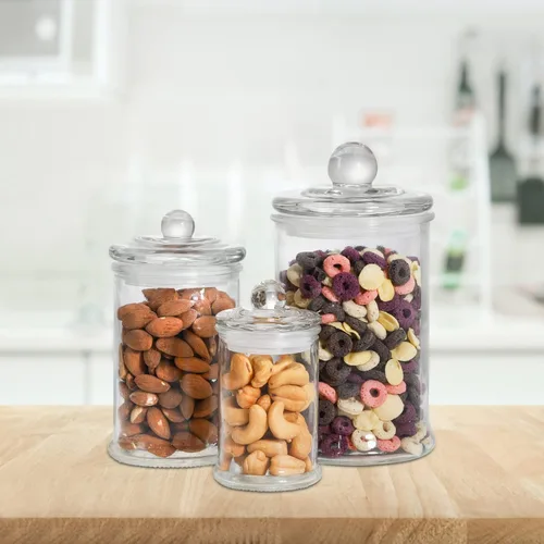 Miniatura 5 de Juego de 3 tarros de boticario de vidrio con tapas, recipientes de baño, tarros de almacenamiento pequeños decorativos de vidrio para hisopos