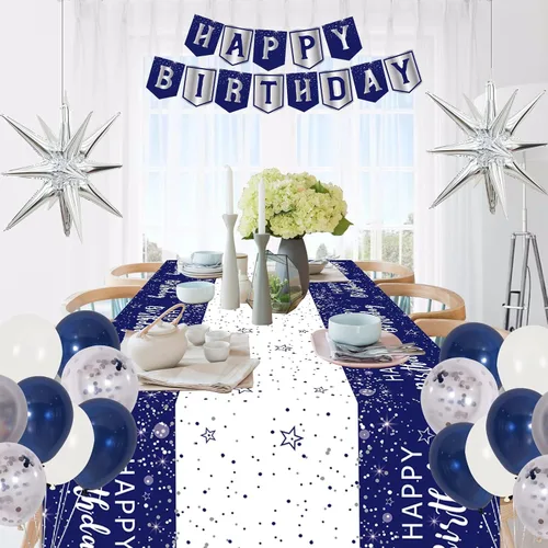 Miniatura 3 de Decoraciones de cumpleaños azul marino para hombres, niños, mujeres y niñas, 80 piezas de decoraciones de fiesta azules y plateadas, telón de fondo