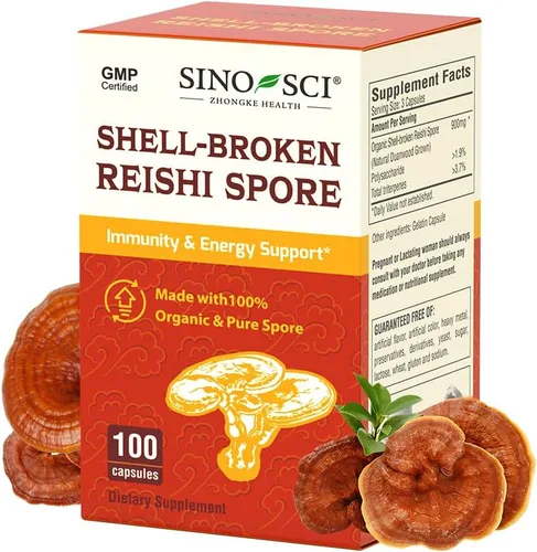 Suplemento de esporas de hongos Reishi con cáscara, ayuda inmunológica, salud hepática y refuerzo de energía, 100 cápsulas (1 botella)