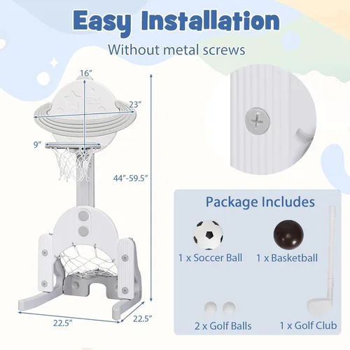 Miniatura 7 de AKUSTIK 3 in 1 Toddlers Basketball Hoop Stand, Adjustable Height Sports Center with Basketball Soccer Golf Game Set, Portable Indoor Outdoor