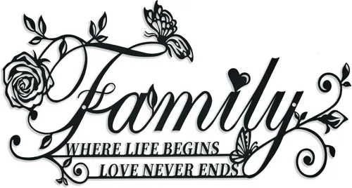 Letrero de metal con texto en inglés "Family Where Life Begins Love Never Ends" ("Family Where Life Begins Love Never Ends"), decoración artística