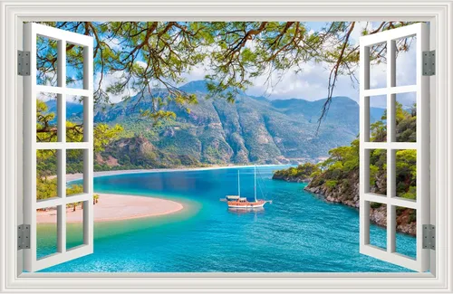 Miniatura 16 de Calcomanía de pared falsa para ventana, atardecer de verano, paisaje marino, océano, playa, póster de ventana falsa para decoración de pared
