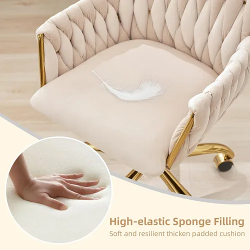 Miniatura 4 de ABET Silla de Escritorio de Terciopelo con Ruedas, Bonita Silla de Oficina Giratoria Tapizada, Moderno Sillón Rodante Dorado Tejido a Mano con Beige