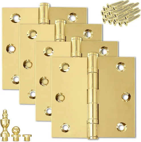 Miniatura 9 de Bisagra de puerta de latón macizo, rodamiento de bolas pulido de 3.5 x 3.5 pulgadas con puntas decorativas de rosca incluidas, juego de 2 bisagras