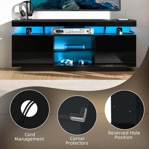 Miniatura 7 de HOMMPA Soporte de TV LED moderno para TV de 65/60/55 pulgadas con tomas de corriente - Centro de entretenimiento con almacenamiento para consola