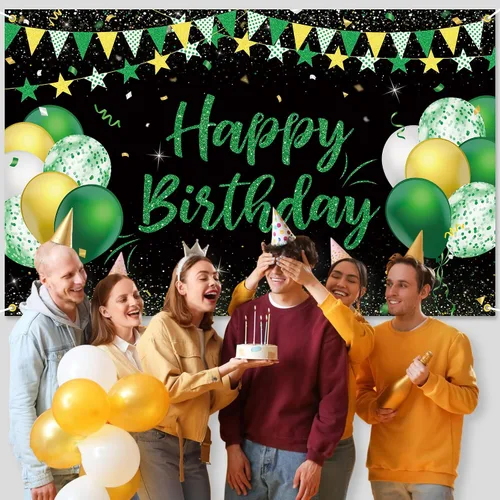 Miniatura 6 de Cartel de fondo de feliz cumpleaños verde dorado y negro para niños, hombres y mujeres, aniversario, fiesta de cumpleaños, fotos, fondo de cabina