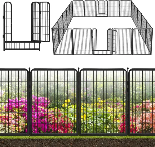 Miniatura 22 de Valla decorativa de metal negro para jardín con puerta, 82 pies de largo, 32 pulgadas de alto, 36 paneles de valla sin excavación, valla de barrera