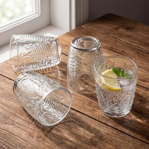 Miniatura 2 de Juego de 4 vasos vintage de vidrio transparente prensado a mano de 10 onzas, cristalería retro en relieve de helecho, vasos texturizados para agua