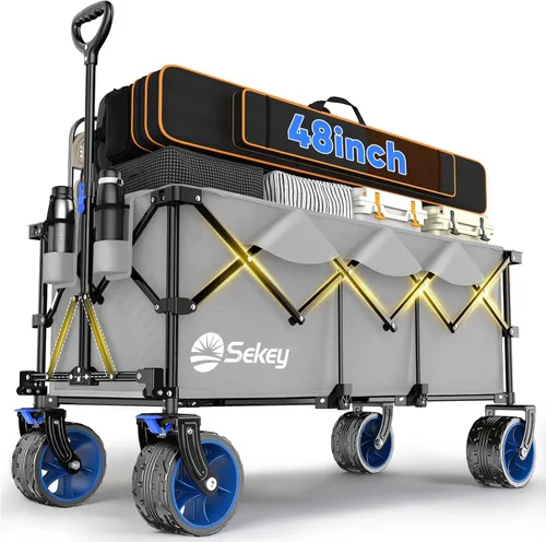 Miniatura 13 de Sekey Carro plegable extendible de 48" de largo con capacidad de peso de 440 libras, carrito de jardín plegable de uso pesado de 300L con ruedas