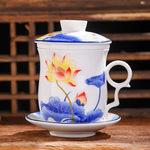 Miniatura 7 de Taza de té de porcelana con tapa de infusor y juegos de platillos – Taza de café de cerámica china Jingdezhen Taza de té de hoja suelta Sistema