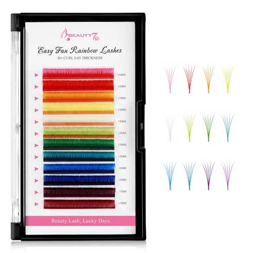 Beauty7 Extensiones de pestañas de colores arcoíris Easy Fan 12 colores, extensiones de pestañas autoaplicables, extensiones de pestañas degradadas,