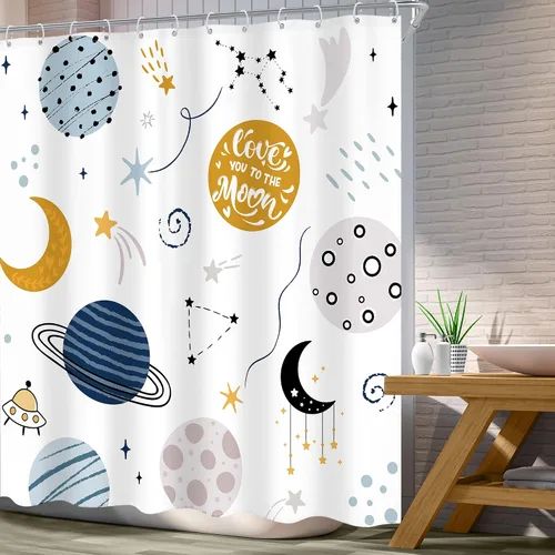 Miniatura 2 de Cortina de ducha para niños, diseño de planeta de dibujos animados, universo lindo, galaxia, espacio, luna, juego de baño para niños, estampado de A