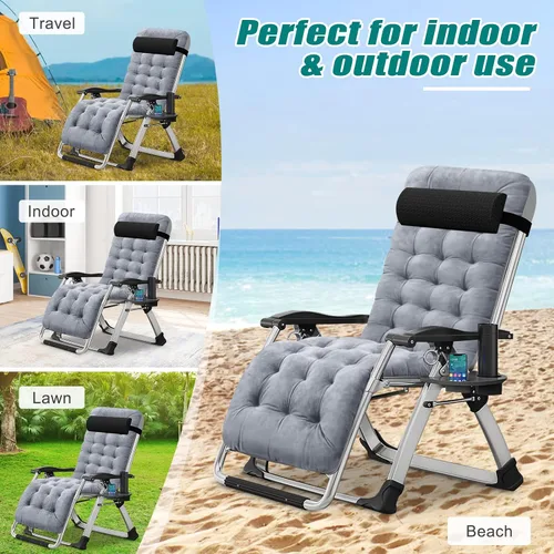 Miniatura 8 de DoCred Silla de gravedad cero, sillón reclinable de césped, tumbona reclinable para patio, tumbona plegable portátil con cojín suave desmontable