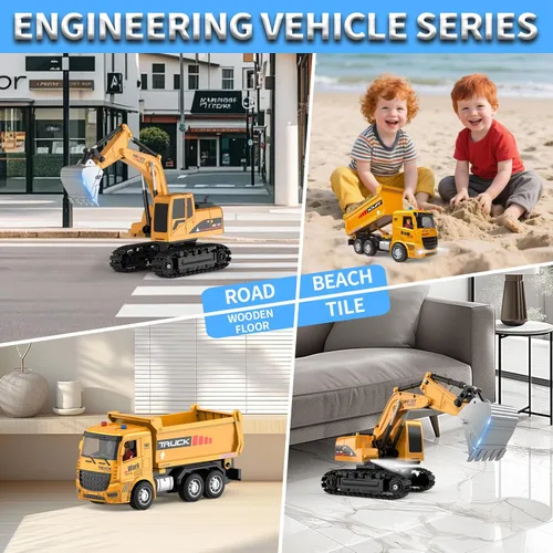 Miniatura 3 de MQDMINI Juego de juguetes de excavadora y camión volquete con control remoto, vehículos de construcción RC con barricadas, señales de tráfico, rocas