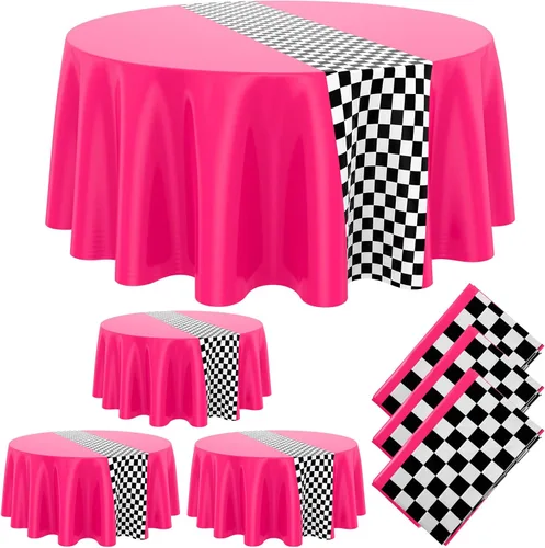 Miniatura 8 de Oudain 3 piezas de suministros para fiesta de cumpleaños de autos, decoraciones para fiestas de carreras, mantel redondo de carreras con bandera a
