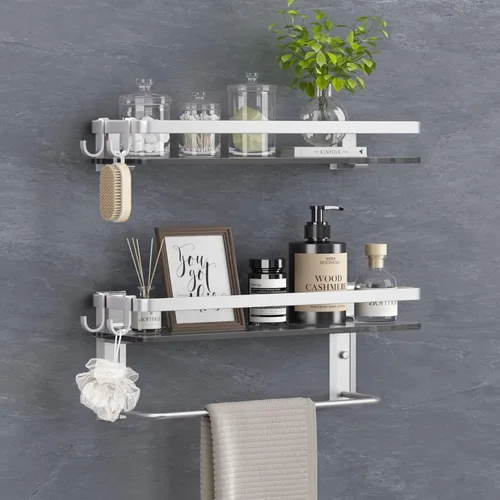 Miniatura 12 de VOLPONE Estante de vidrio para baño de 15.7 pulgadas, estantes de baño negros, estantes de vidrio templado montados en la pared con 4 ganchos