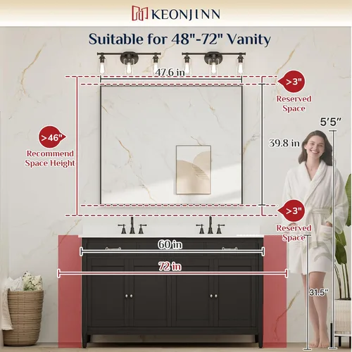 Miniatura 7 de Keonjinn Espejo grande de baño negro de 48 x 40 pulgadas, espejo de tocador de baño para pared, espejos con marco de metal de gran tamaño para sobre