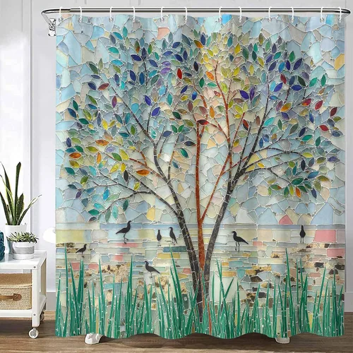 Miniatura 14 de Cortina de ducha con diseño de árbol de la vida, cortina de ducha de vidrio emplomado, cortinas de ducha artística para baño, juego de cortina