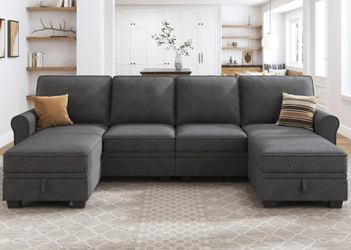 Miniatura 8 de HONBAY Sofá modular convertible con almacenamiento en forma de U con diván reversible para sala de estar, negro medio negro (Mid Black)