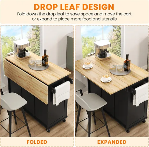 Miniatura 4 de Yaheetech Carrito de isla de cocina con hoja caída, barra de desayuno de cocina con 5 ruedas universales con gabinete de almacenamiento, parte Negro