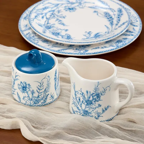 Miniatura 5 de Bico Blue Garden Toile De Jouy - Juego de azucarero y cremera de cerámica, azucarero con tapa, lindo recipiente para barra de café, accesorios