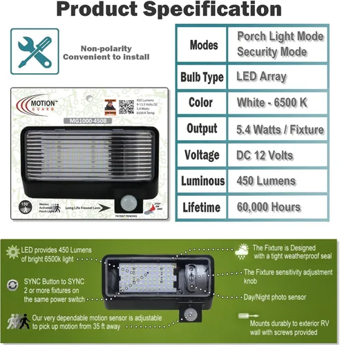 Miniatura 8 de MG1000-450B-SB, luz LED de sensor de movimiento para porche montada en exterior de RV, con clasificación IP65 con sensor INTELA, protección